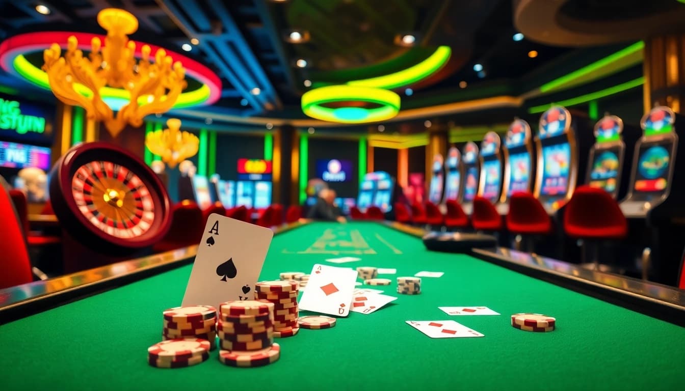 RR88 casino excitement with vibrant gaming tables, cards, and poker chips.
