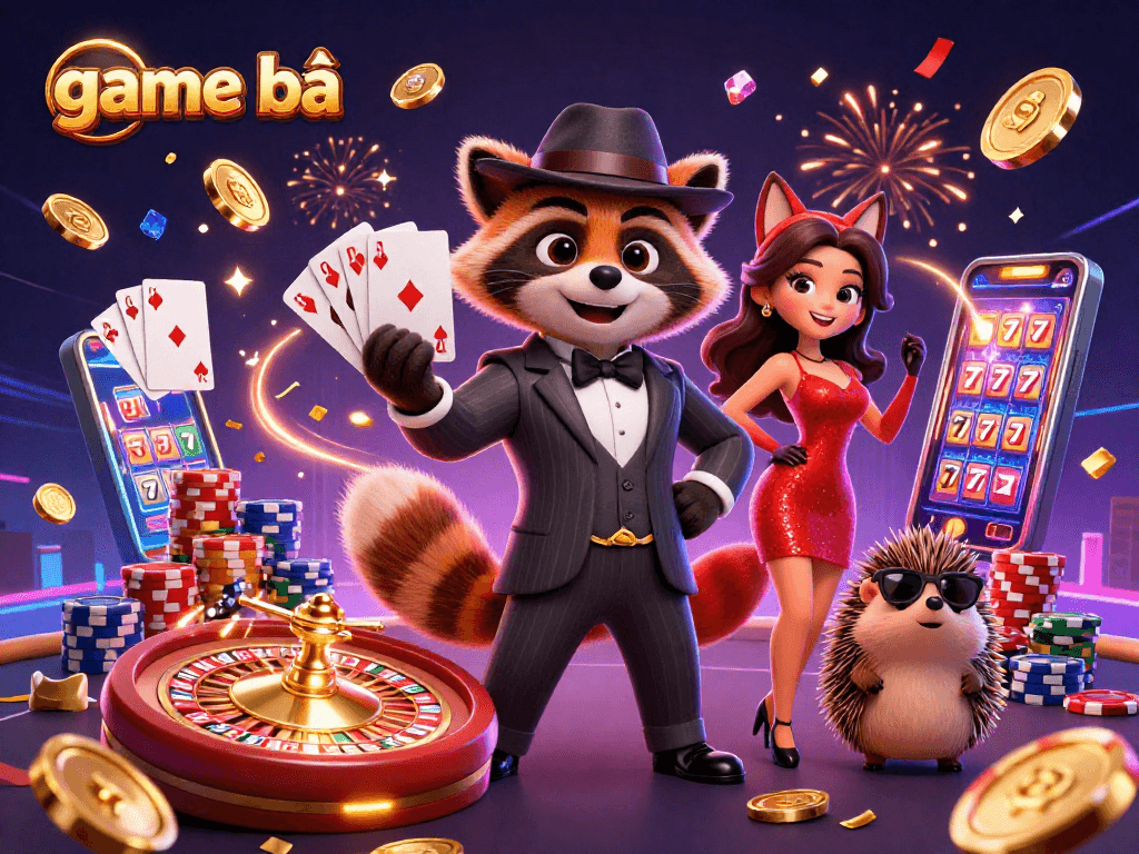 Engage with game bài as the raccoon deals a royal flush amid vibrant casino elements.