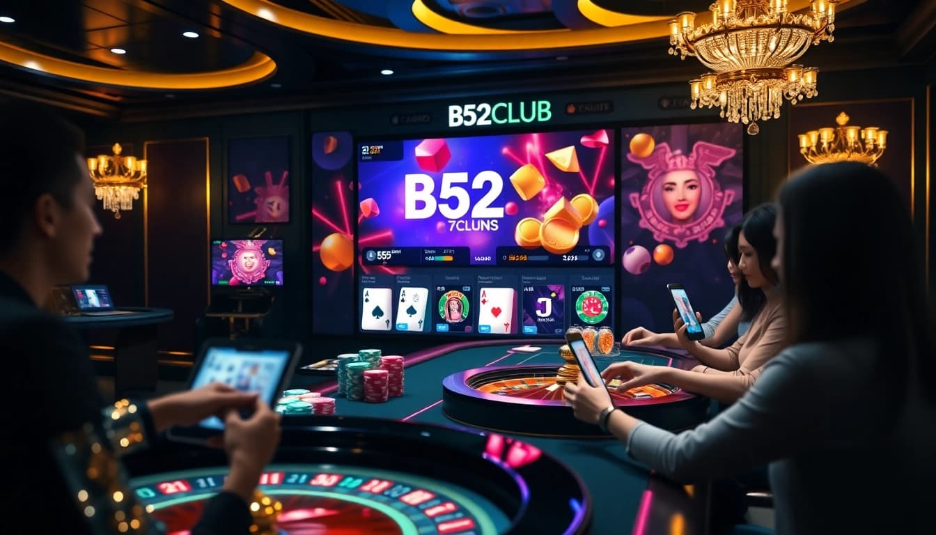 B52CLUB players enjoying a thrilling online gaming experience with vibrant digital casino elements.