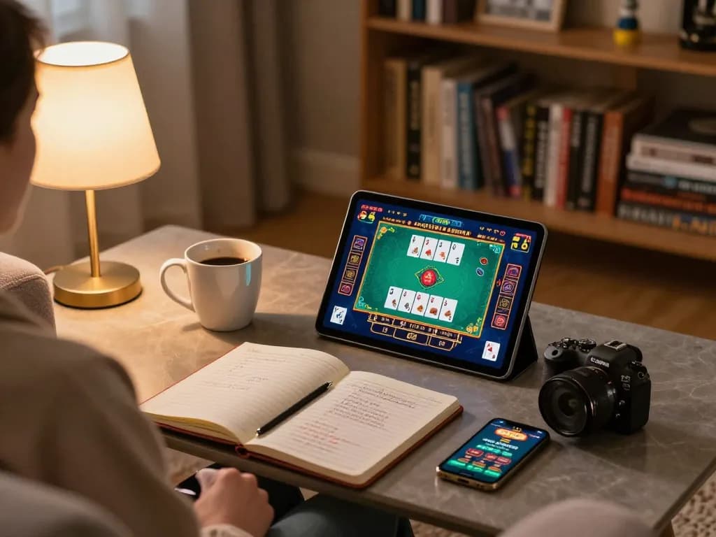 Engaging in online gambling on cm88 with strategic insights during a cozy evening at home, showcasing poker gameplay on tablet.