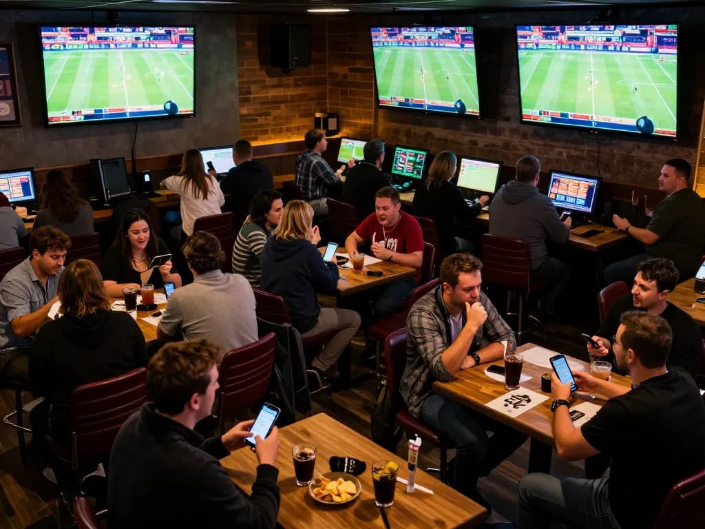 Fans engaging in sports betting at F168, with mobile devices and live sports screens creating an exciting atmosphere.