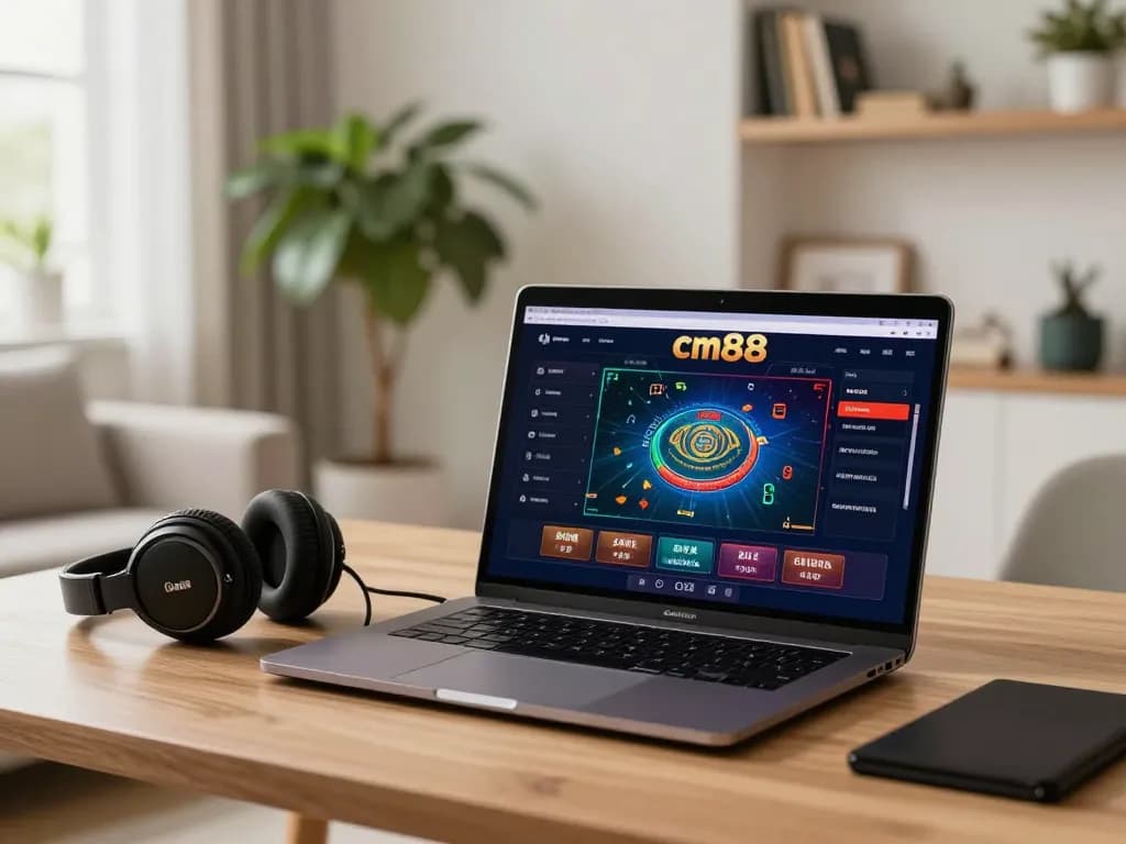Engaging in online cm88 casino gaming on a sleek laptop in a comfortable home setting.