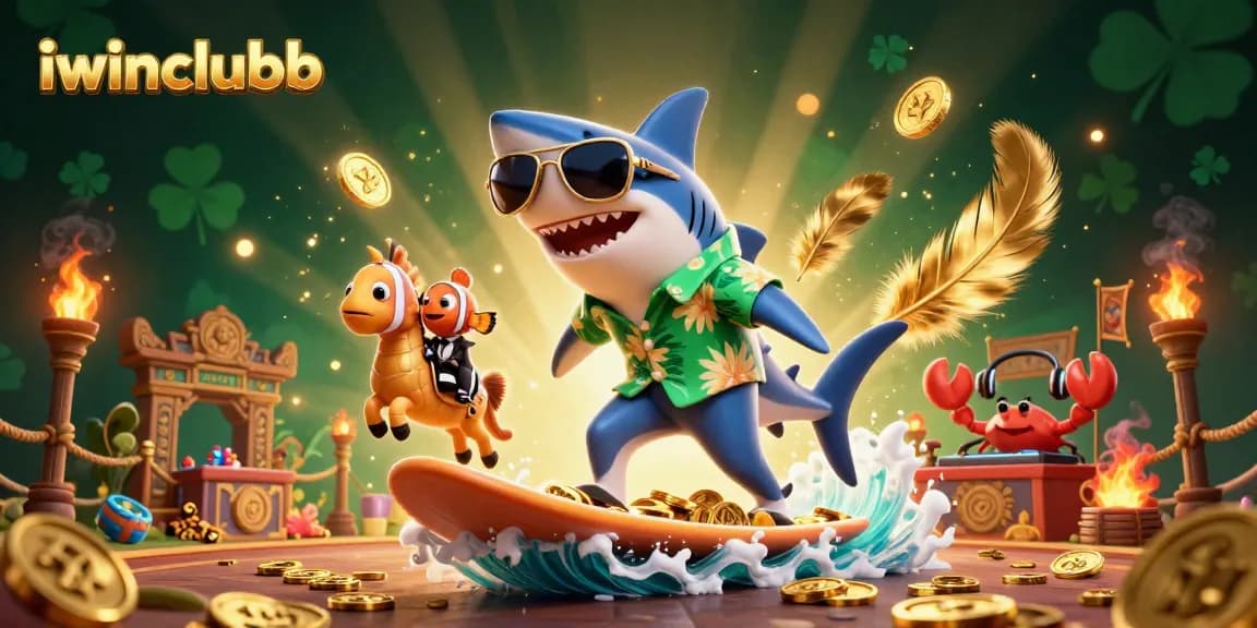 Join the fun at iwinclubb as a shark rides gold coins with a seahorse, crab DJ, and dynamic casino elements!
