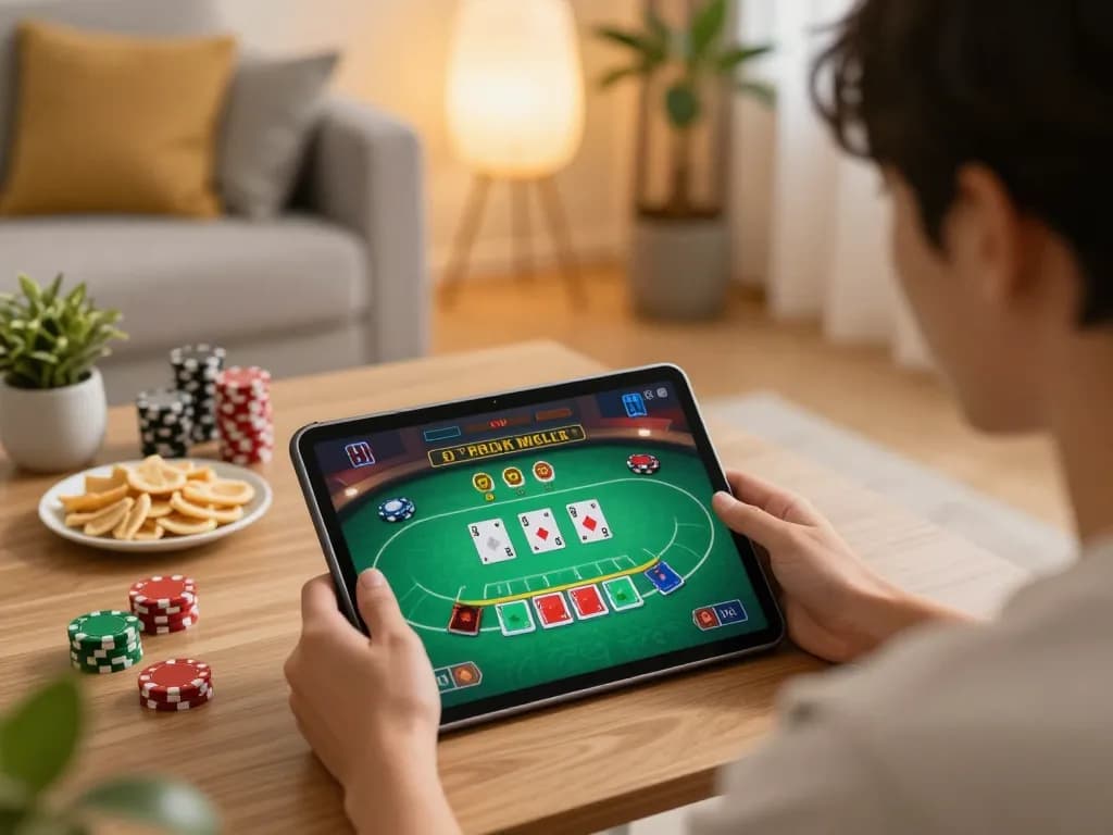 A player enjoying the 79sodo online casino poker game on a tablet in a cozy living room setting, emphasizing strategic gameplay.