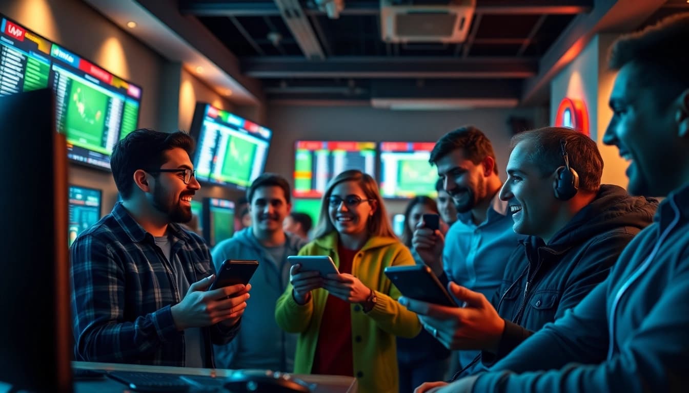 Dynamic sports betting scene at https://qq88.education/ showcasing enthusiastic bettors analyzing game stats.