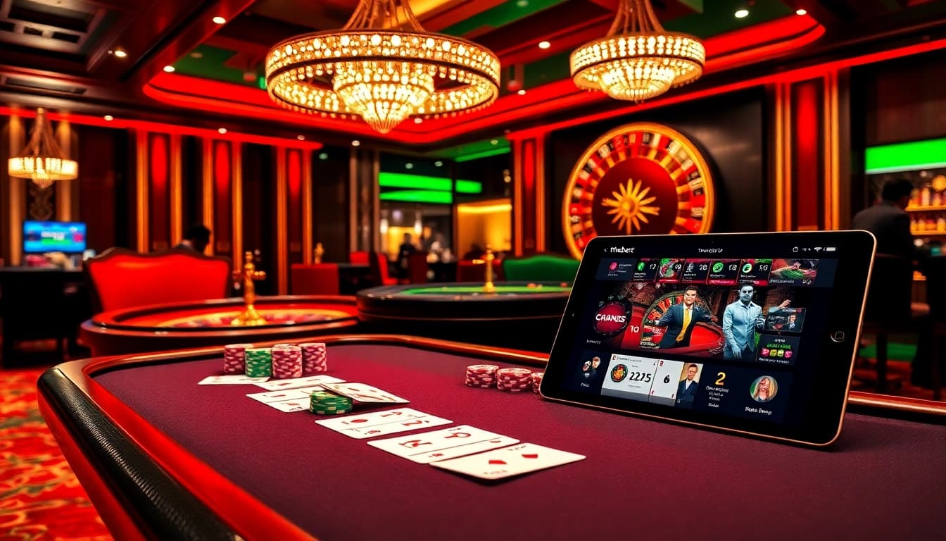 Engaging gamblers at thabett.io, a vibrant casino scene showcases poker chips and a roulette wheel.