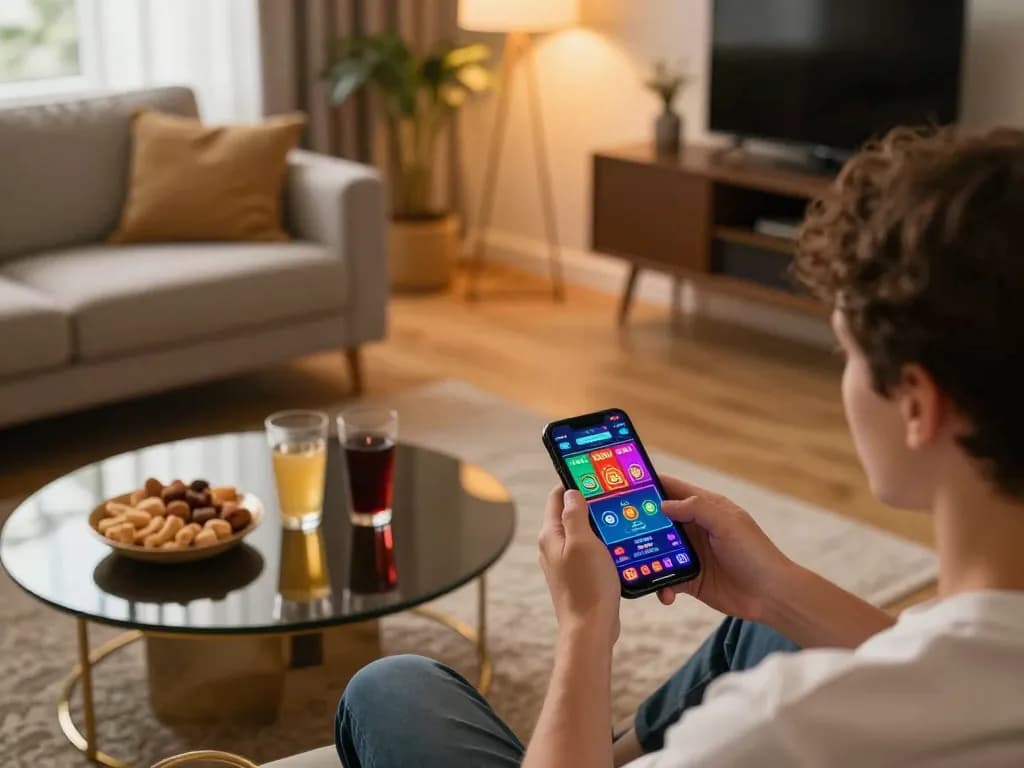 Engaging in mk8 mobile gambling at home with snacks and casino app on smartphone