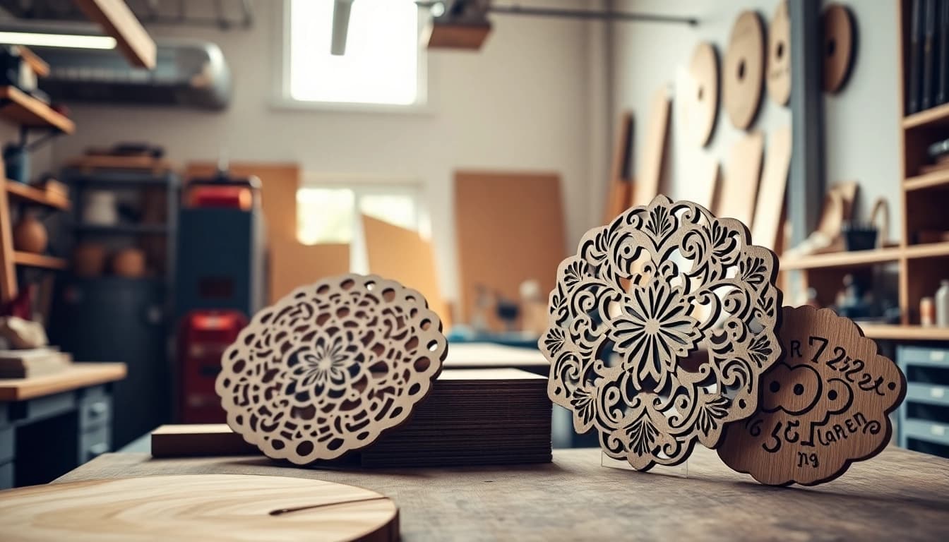 Showcasing custom laser design in a vibrant workshop with intricate details and warm lighting.