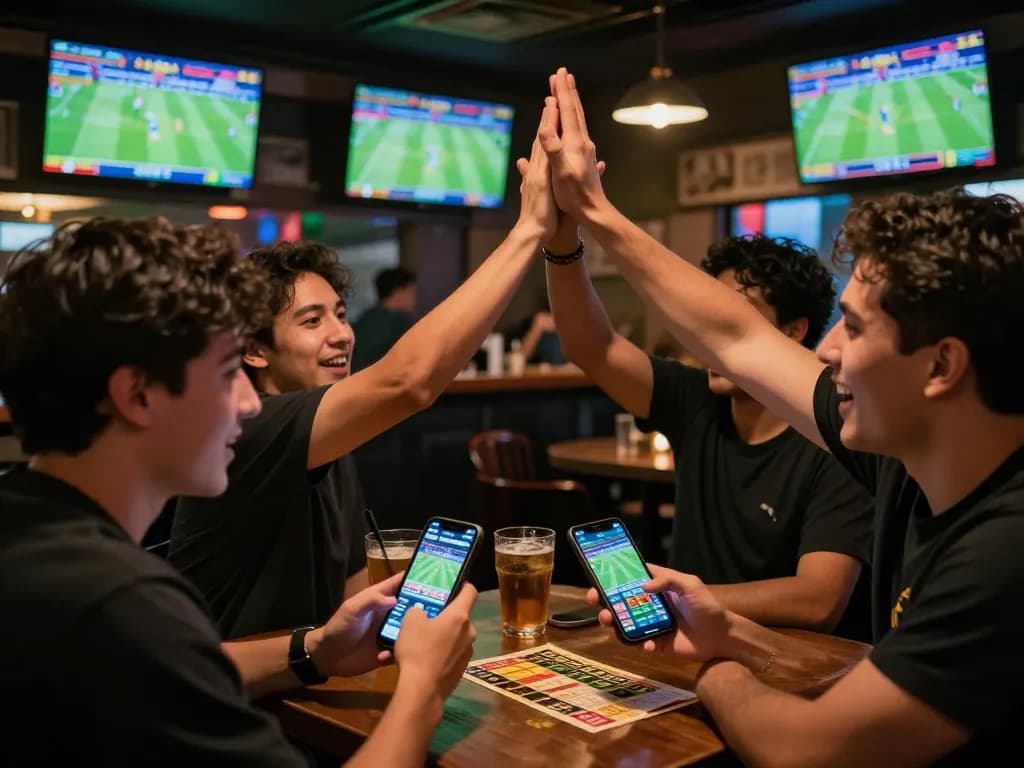 Celebrating friends engaging with kèo bóng đá trực tuyến at a bustling sports bar.