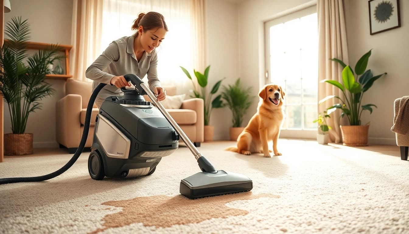 Efficient pet odor carpet cleaning in a bright living room with a professional cleaner.