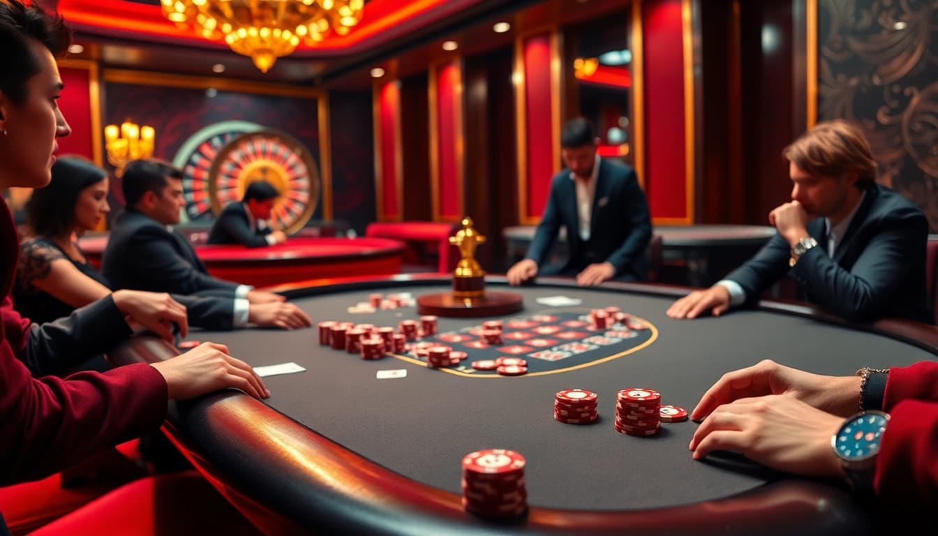 A dynamic poker scene with players at a stylish table reflecting the excitement of https://bem88.com gambling experience.