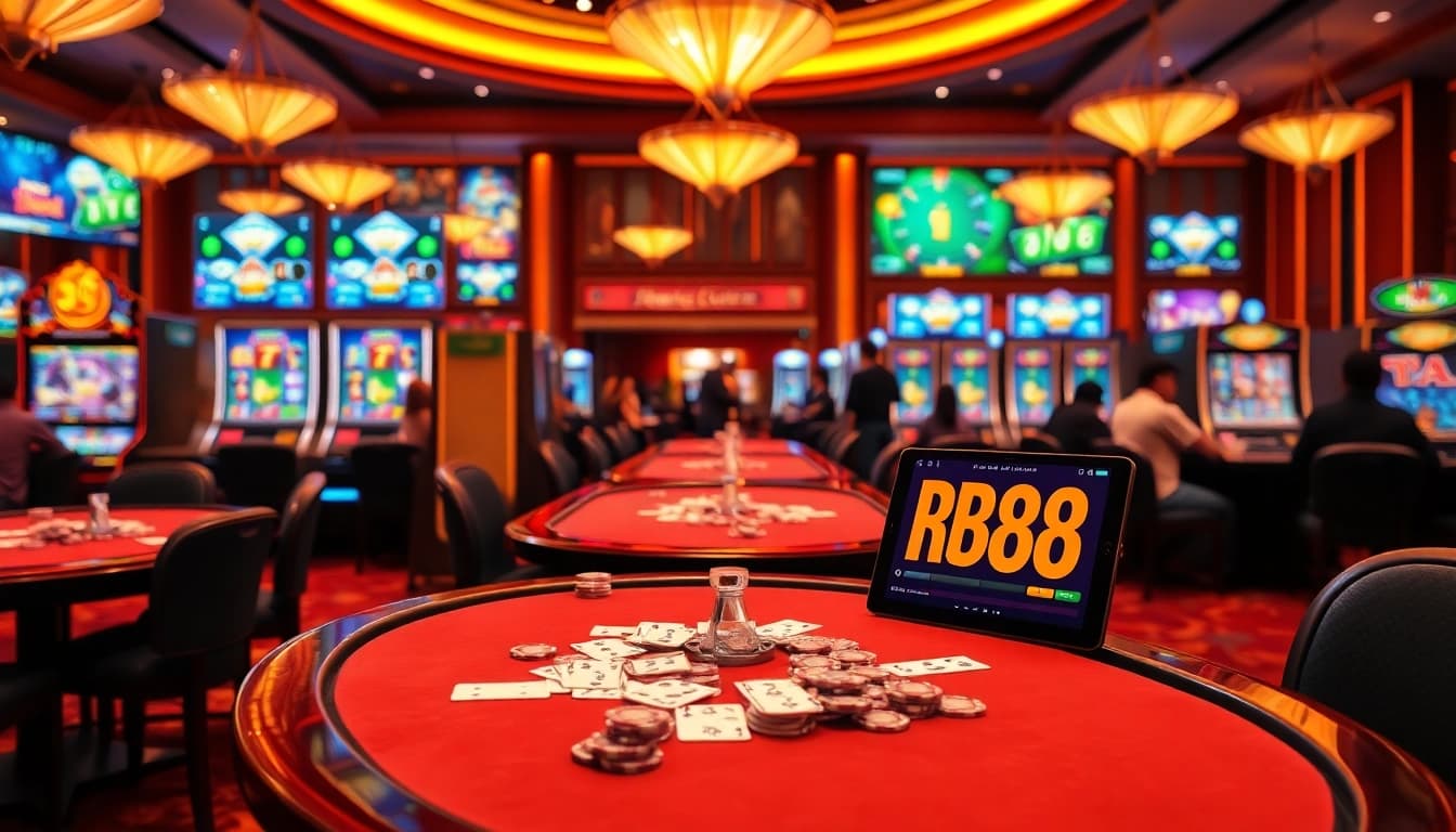 Experience thrilling gameplay at RR88 with vibrant casino tables and slot machines.