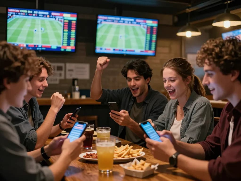 f168 users engaged in lively sports betting, checking odds on mobile apps while enjoying the game atmosphere.