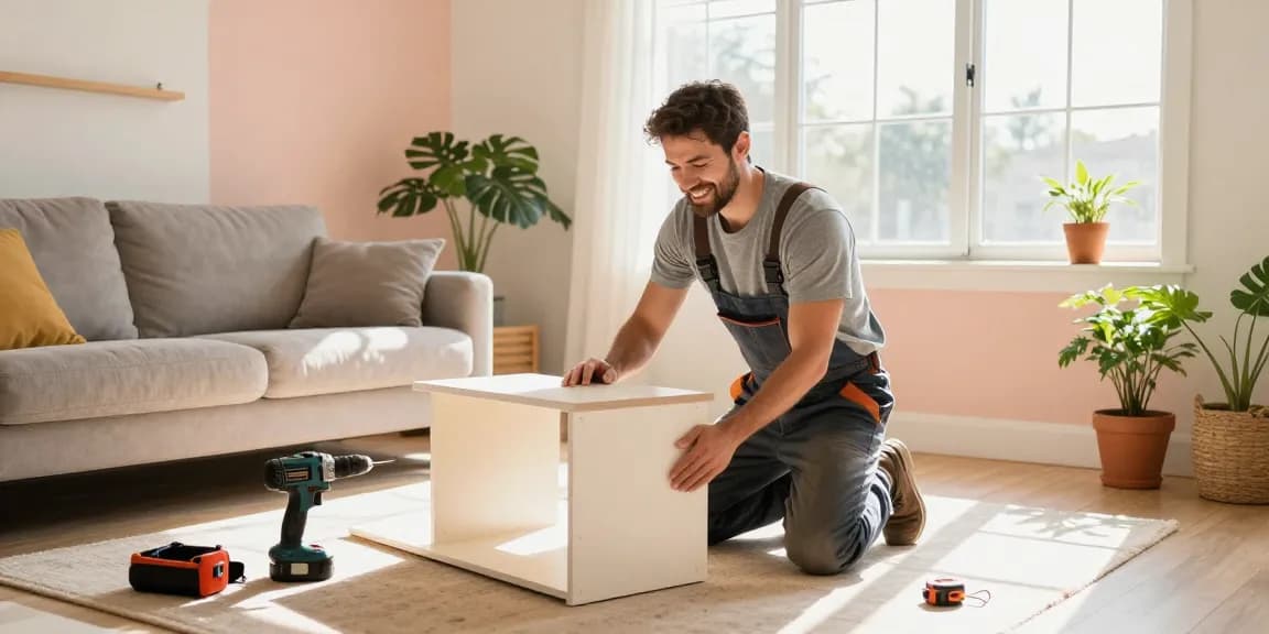 HubPro in Orange County handyman assembling furniture in bright living room