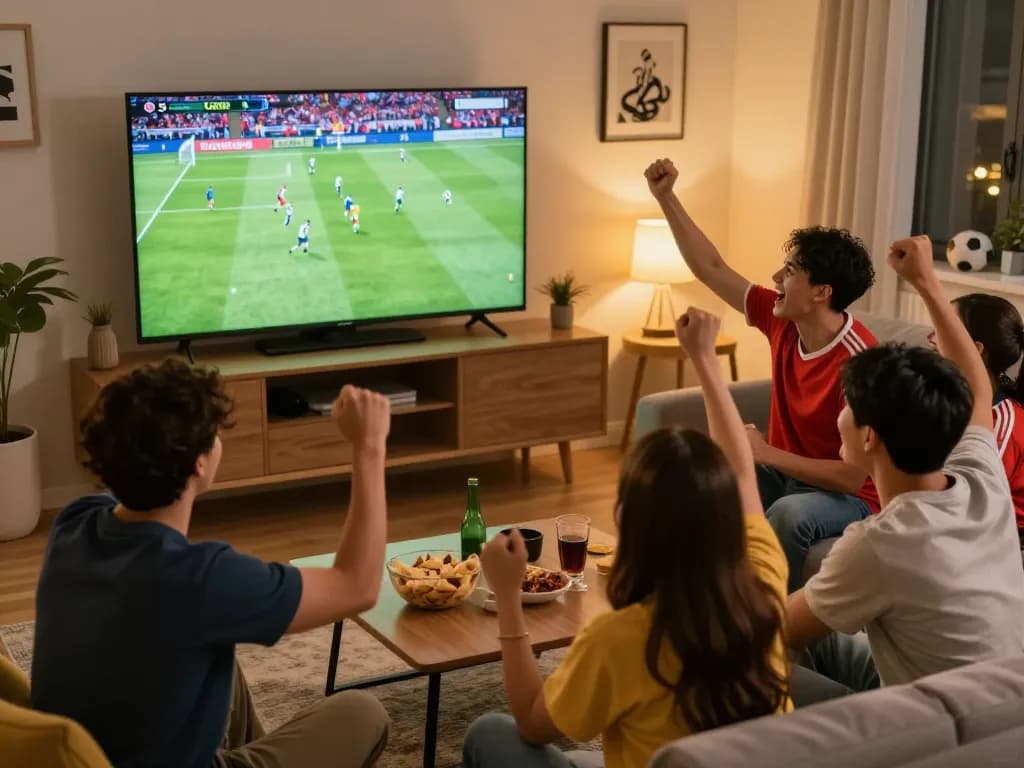 Socolive users enjoying an exciting football match with friends, celebrating goals and sharing moments.