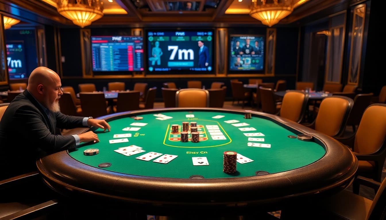 Intense poker game scene showcasing 7m cn betting interface with colorful chips and cards.