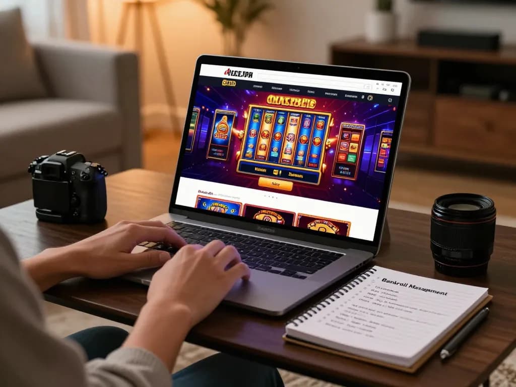 B52club user engaging in online gaming session on a tablet with vibrant slot machine graphics.