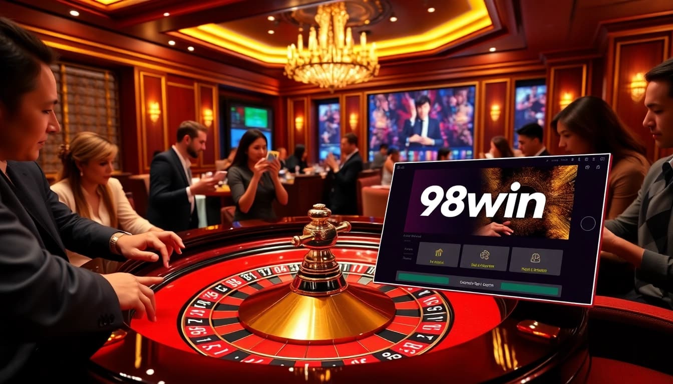 Players engaging at the roulette table in a luxurious 98win club casino setting, showcasing excitement and elegance.