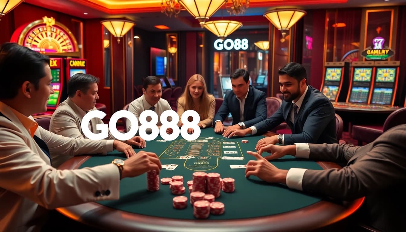 Players at a GO88-themed poker table amidst a luxurious casino setting, showcasing excitement and engagement.