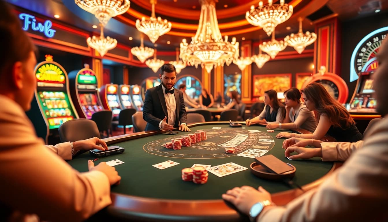 Players strategically engage at an exciting poker table scene representing https://f168.tools/ in a luxurious casino setting.