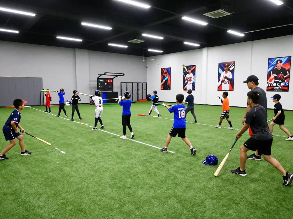 Hitclub baseball training session showcasing young athletes practicing swings and teamwork in an indoor facility.