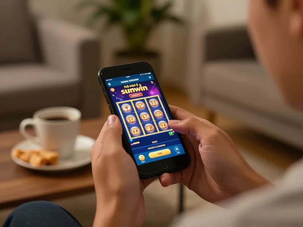 Player engaging in online gambling on nhà cái sunwin app, showcasing excitement in a cozy home environment.