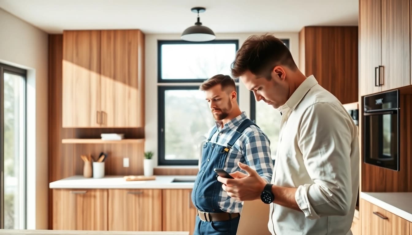 Custom home renovation contractor Austin examining details in a modern kitchen.
