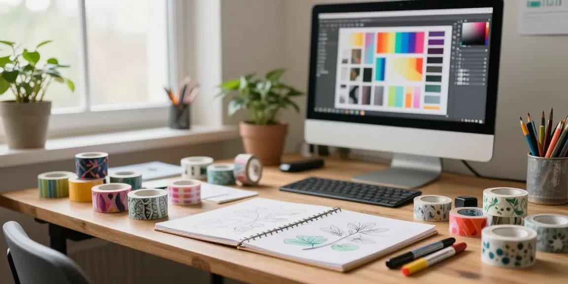 Custom washi tape designs showcased in an artist's creative workspace with vibrant colors and patterns.
