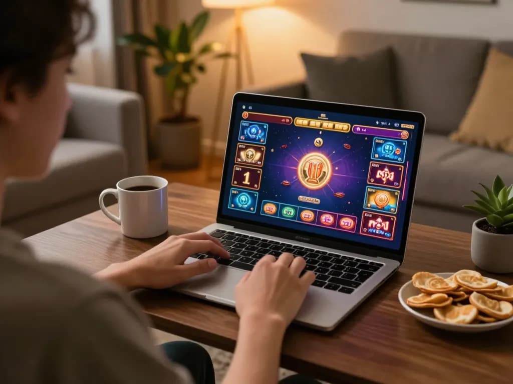 MAX79 player engaging in online gaming with vibrant interface in inviting home setting