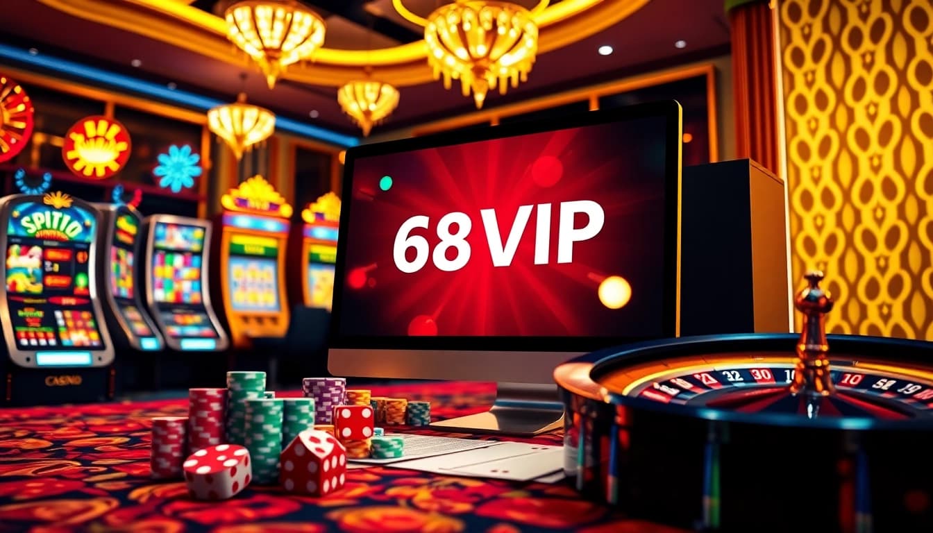 Place bets with confidence on Link Vào Nhà Cái 68VIP surrounded by vibrant casino elements.