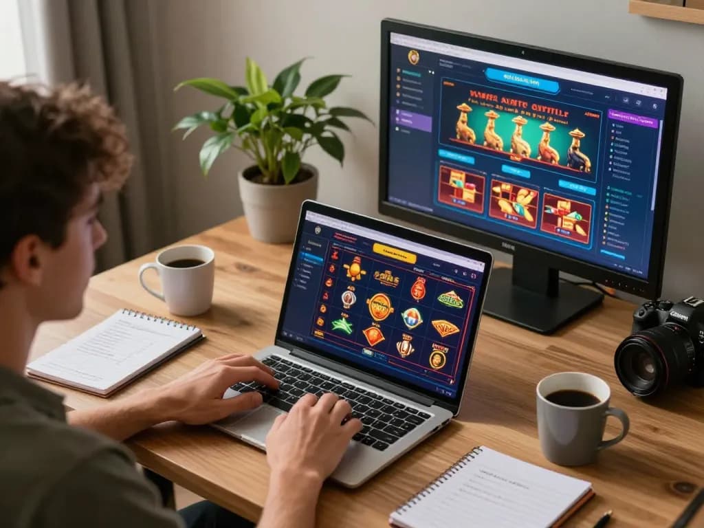 FC88 player engaging in online casino gaming with strategy notes and warm atmosphere