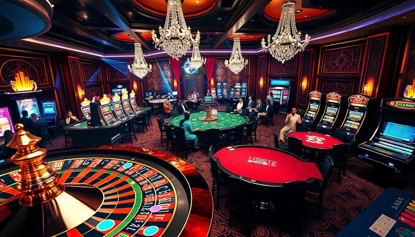 Experience the thrilling ambiance of Okwintv's online sports streaming integrated with an upscale casino environment, featuring roulette and poker tables.