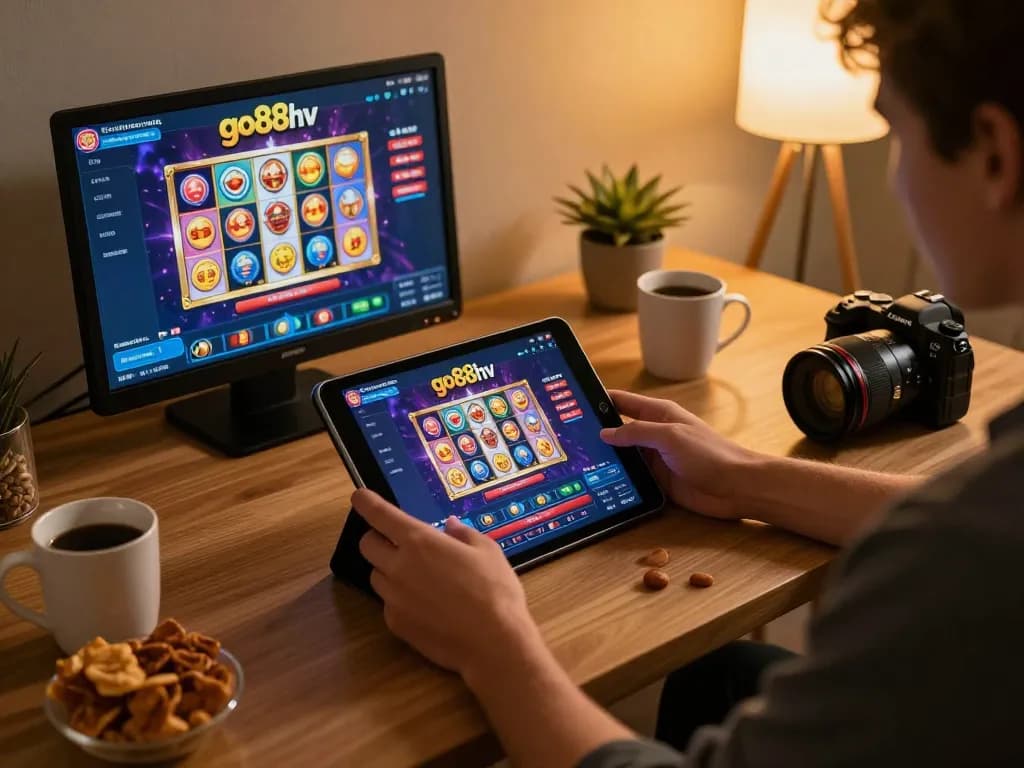 Player enjoying animated go88hv slot games on a tablet at home, showcasing an engaging online gambling experience.