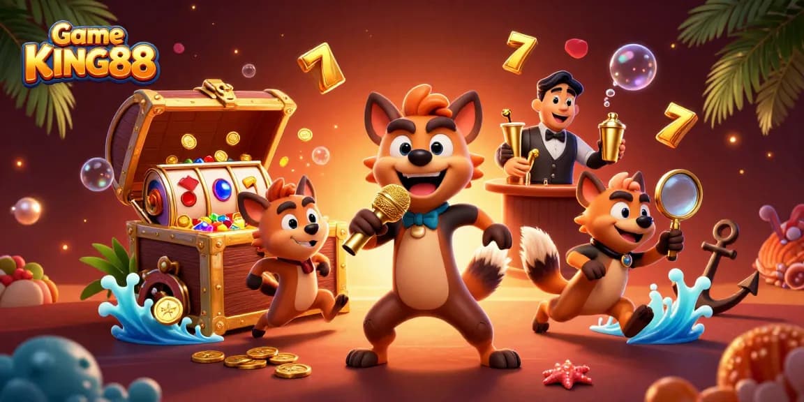 Engage in Game KING88 excitement within a vibrant casino scene rich with characters and symbols.
