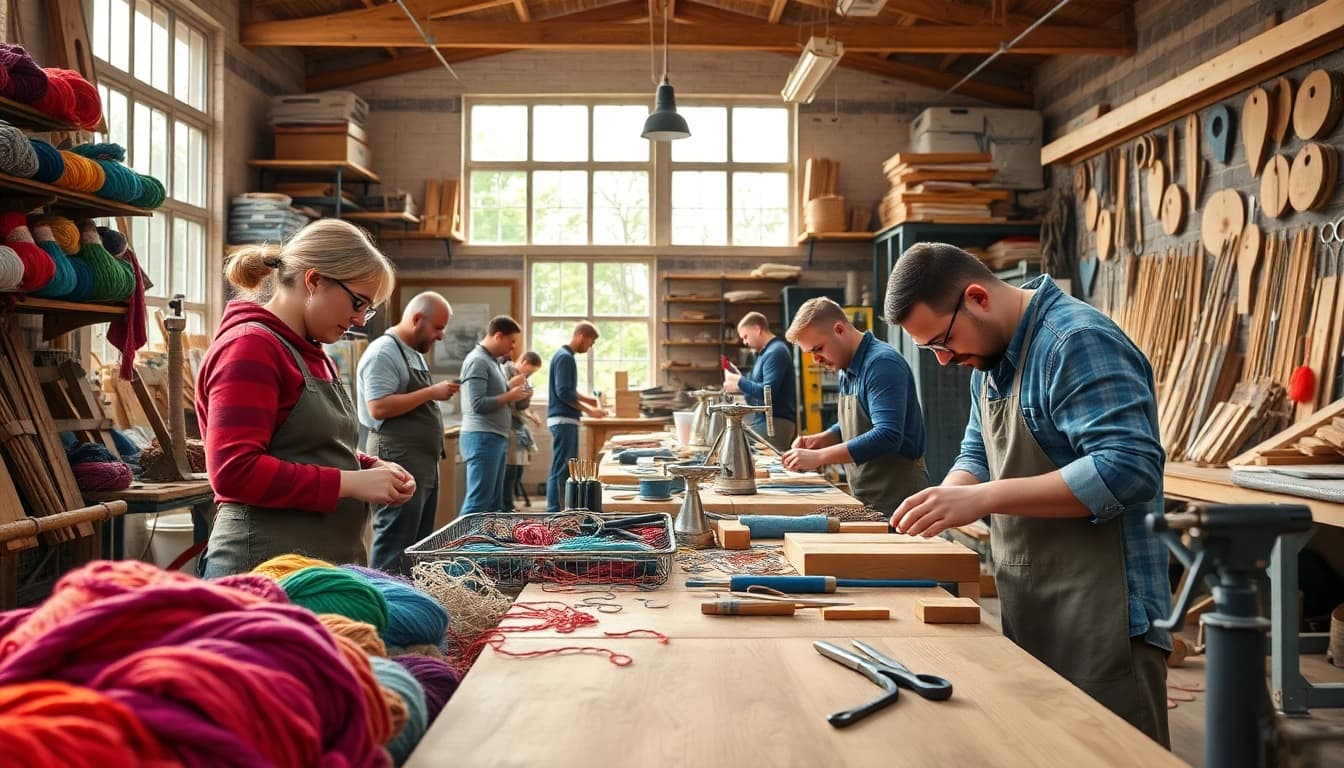 Learn about craft training programs through artisans engaged in hands-on activities in a vibrant workshop.