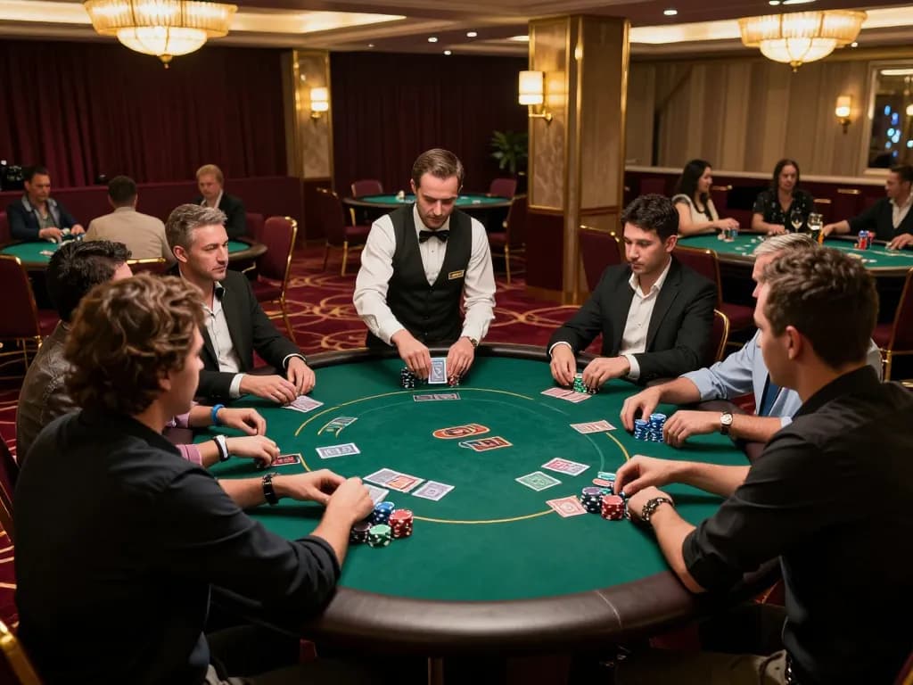 Main poker lapak303 game in an upscale casino with engaged players at a vibrant felt table.