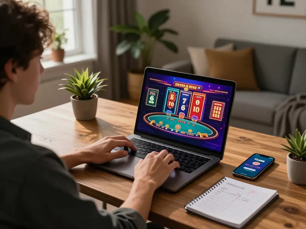 Engaging in online casino gaming with the fly88 app on a stylish home desk.