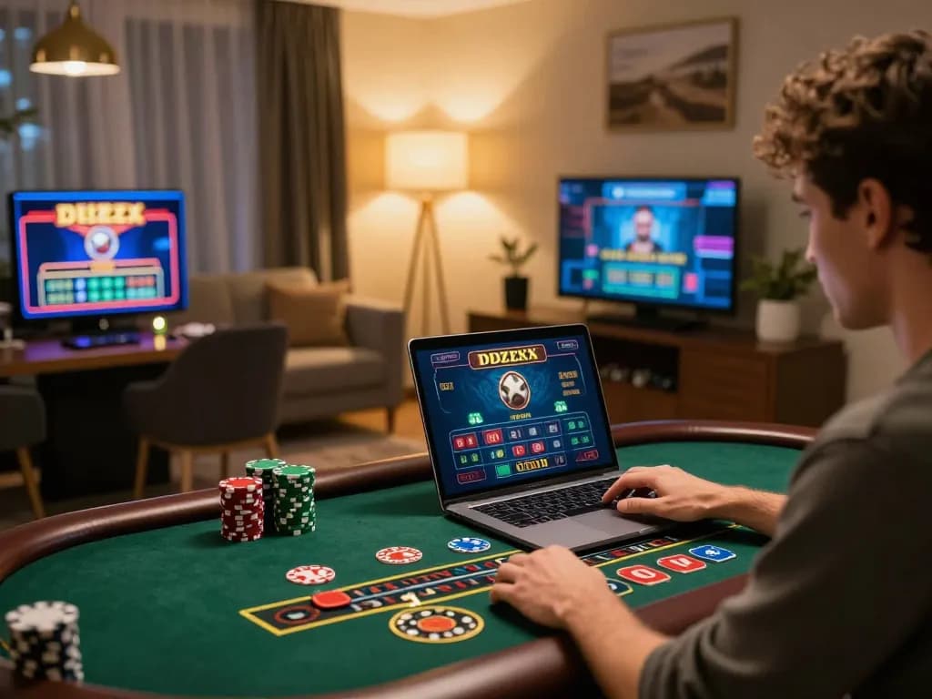 Player engaging in online baccarat at home, representing bj88bj's virtual gaming experience.