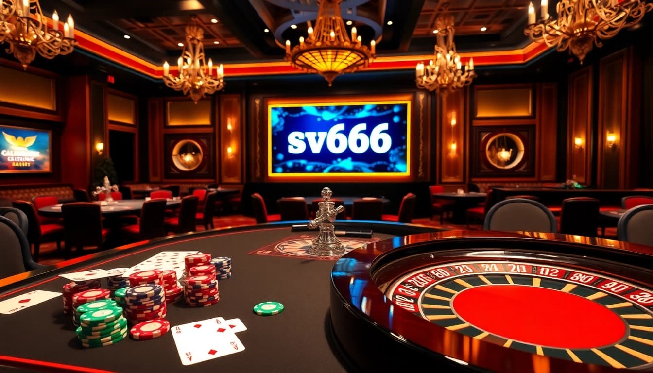 Exciting casino scene highlighting sv666 with vibrant chips and illuminated roulette wheel.