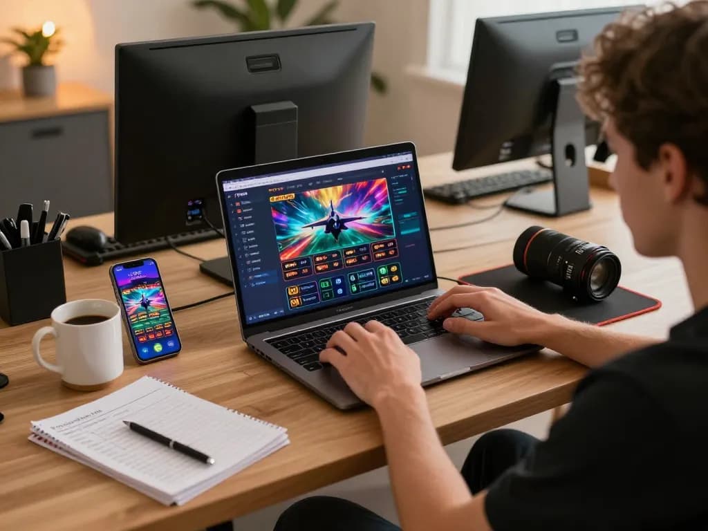 Engaging with the F168 online casino interface from a cozy setup, showing strategic gaming.