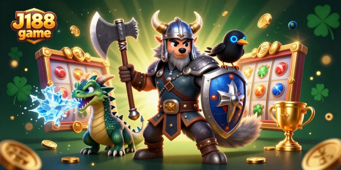 Play the thrilling J188 game with the animated Viking wolf warrior and ice dragon in a vibrant casino scene.