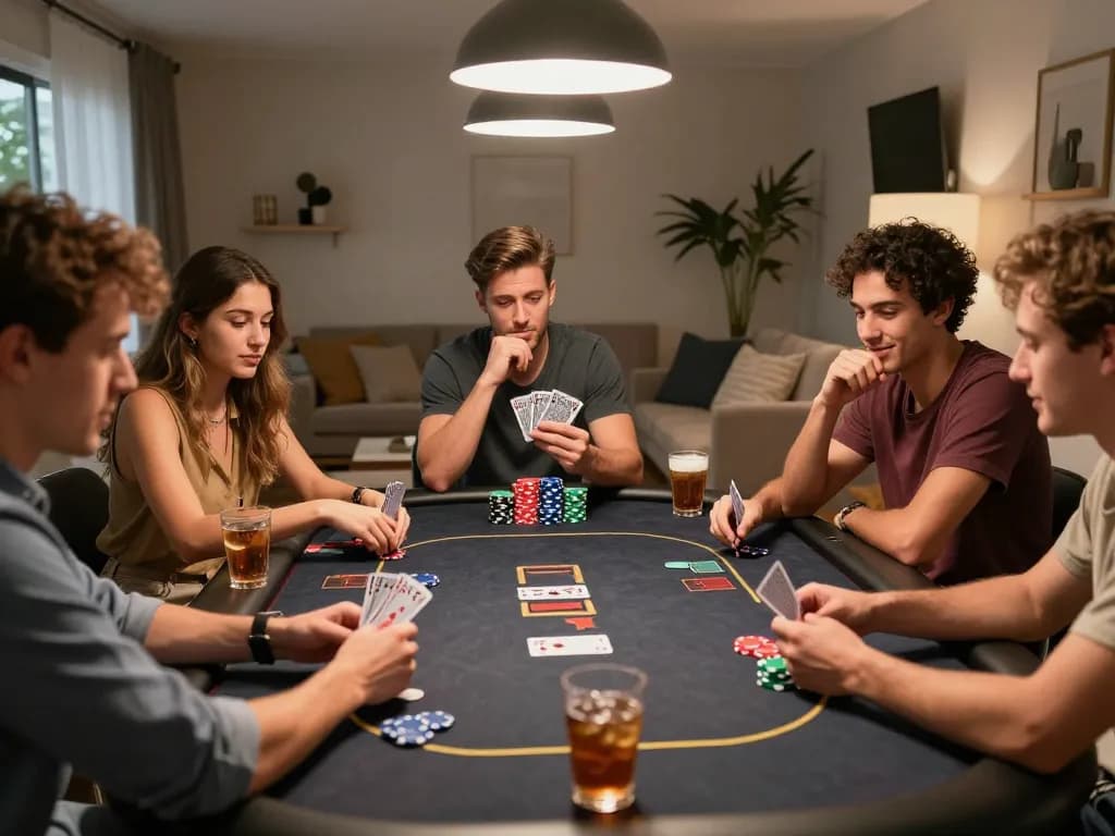 Friends playing an exciting poker game at home, showcasing the thrill of 789clubb's online gaming.