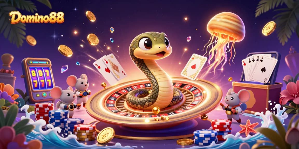 Experience thrilling bets at Domino88 with dynamic casino-themed 3D art featuring vibrant elements.