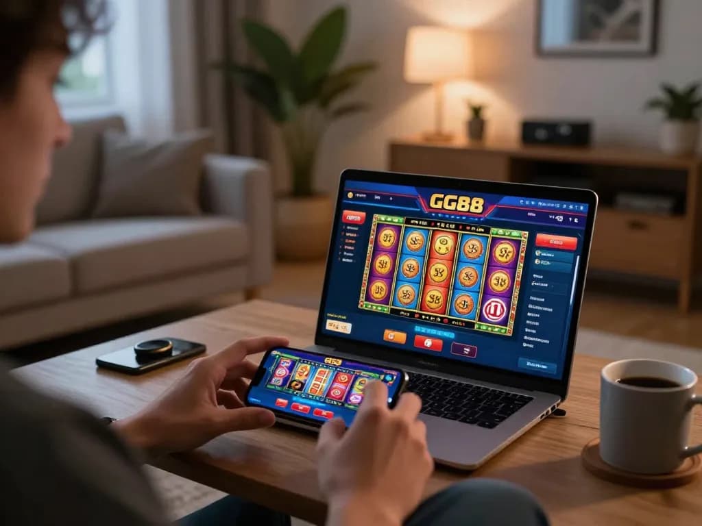 Experience top-tier gaming at https://gg88.cool/ with a user enjoying mobile casino slots in a cozy setting.