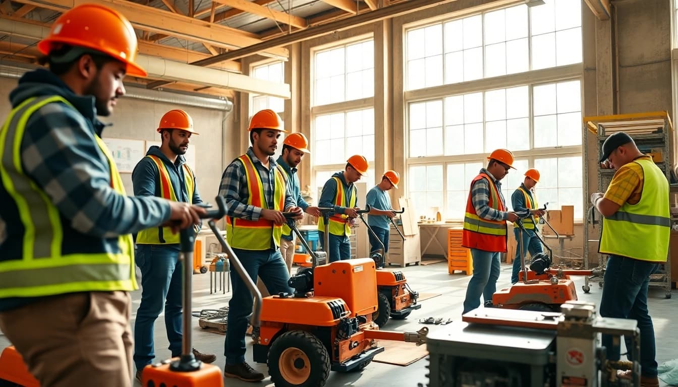 Engaged participants in construction training programs practicing skills in a vibrant workshop.
