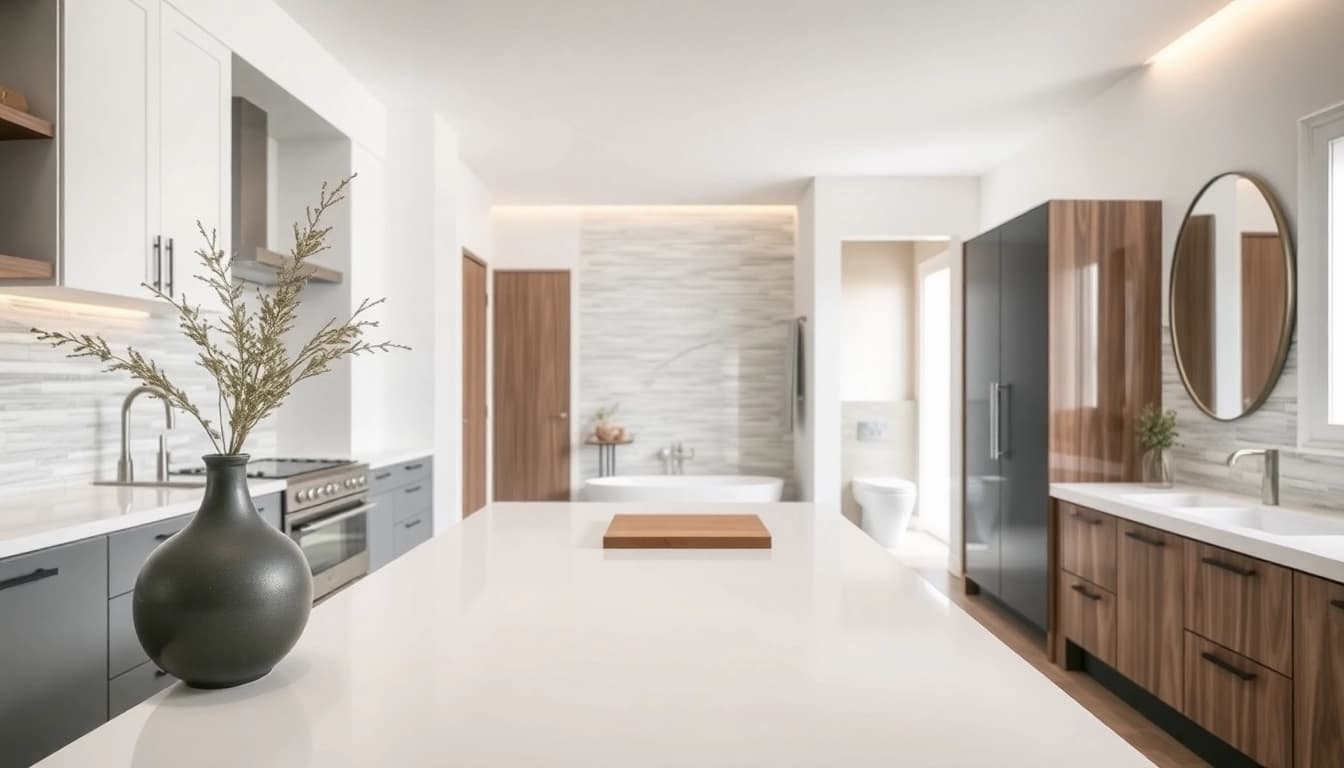 Capture a stunning kitchen and bathroom renovation with modern design and elegant fixtures.