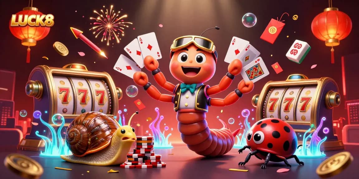 LUCK8 casino scene showcasing a whimsical millipede dealer and vibrant gaming elements