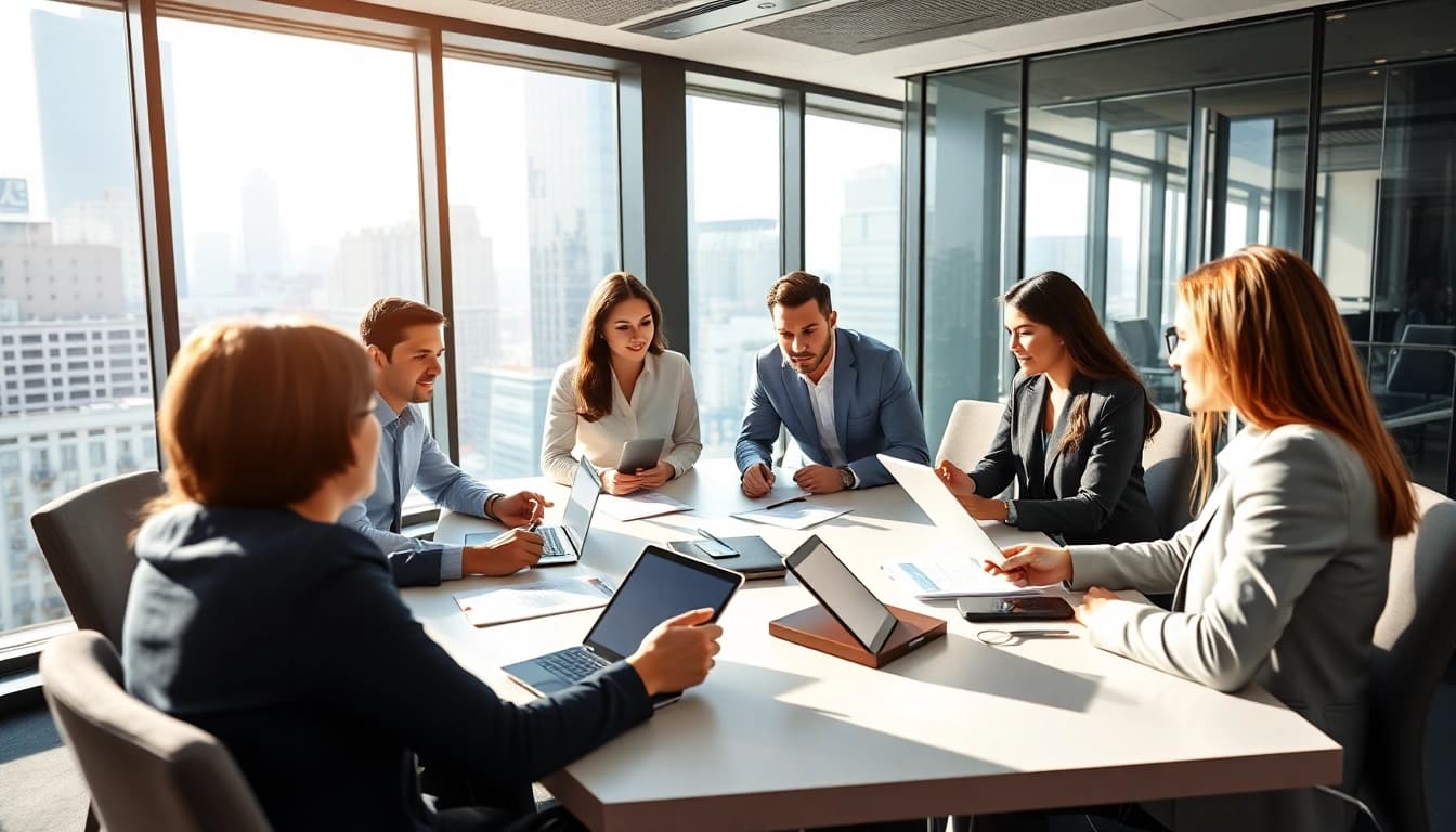 Engaged team of Quickplus Business Consultants collaborating in a modern office setting.