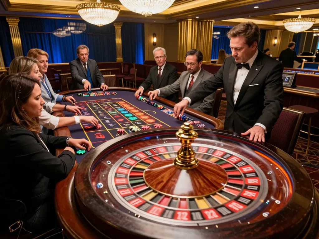 Watch players at https://tg88.cash/ placing bets on an intense roulette game in an upscale casino atmosphere