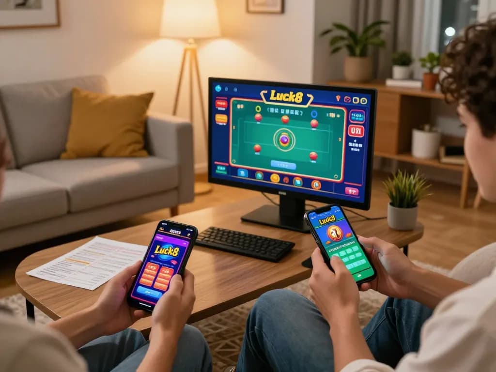Engaging gameplay on the Luck8 casino app during a cozy home gaming session.